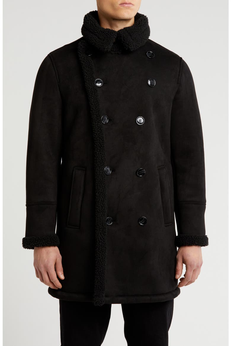 Faux Shearling Lined Double-Breasted Overcoat, Alternate, color, BLACK