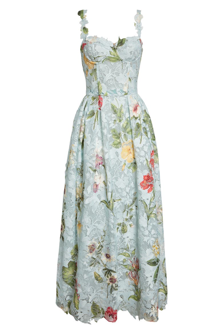 Dominican Floral Print Guipure Lace Bustier Cocktail Dress, Alternate, color, SALTWATER MULTI