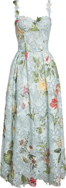 Oscar de la Renta Dominican Floral Print Guipure Lace Bustier Cocktail Dress