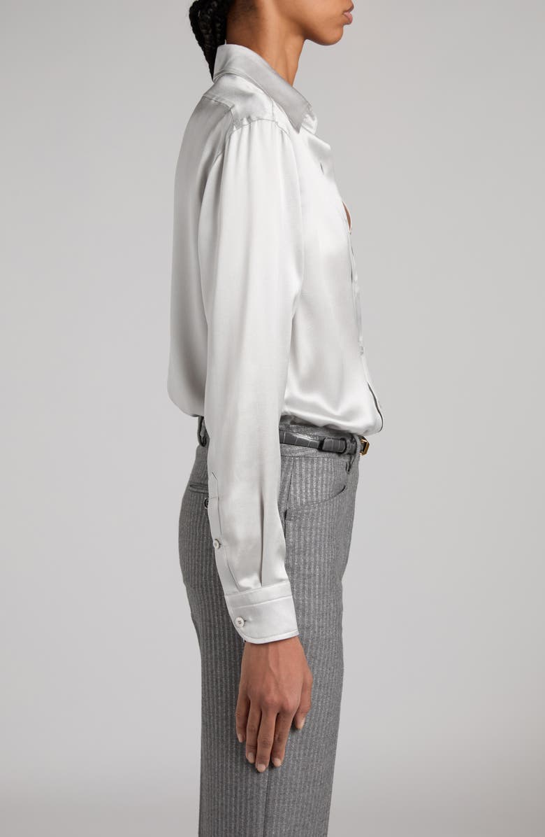 TOM FORD Pleated Silk Charmeuse Button-Up Shirt, Alternate, color, Ig018 Pale Grey