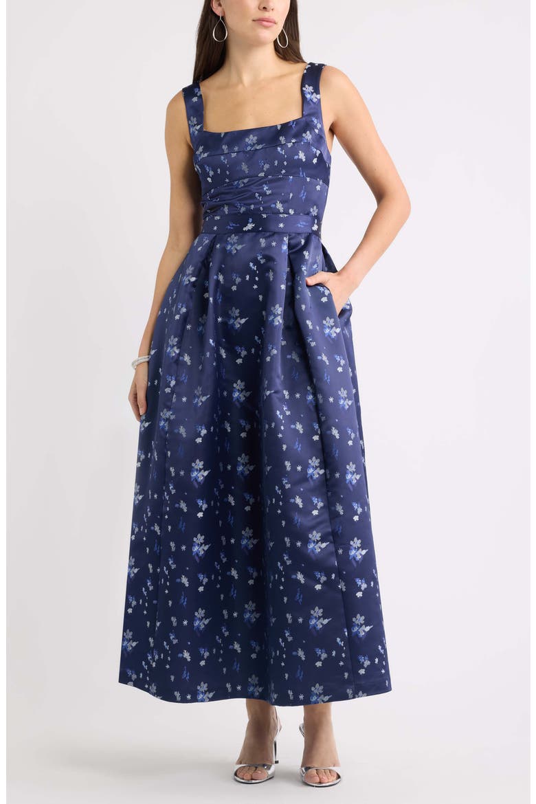 Pleated Seamed Bodice Jacquard Maxi Cocktail Dress, Main, color, NAVY BROCADE