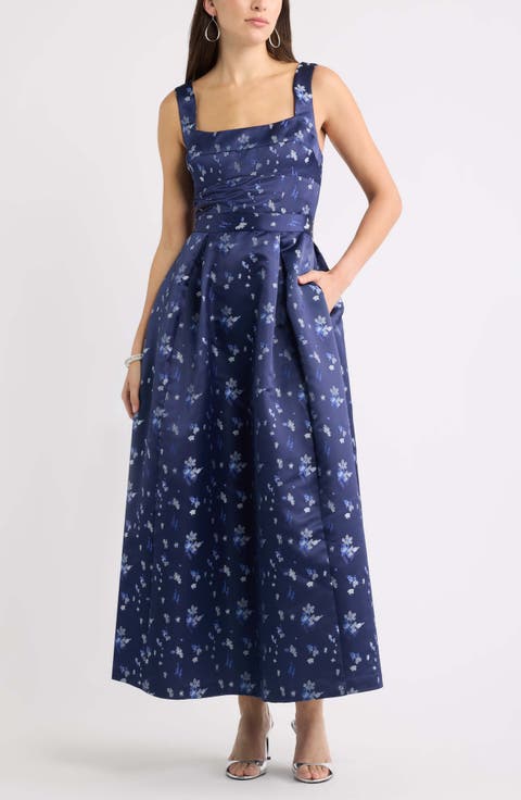 Pleated Seamed Bodice Jacquard Maxi Cocktail Dress