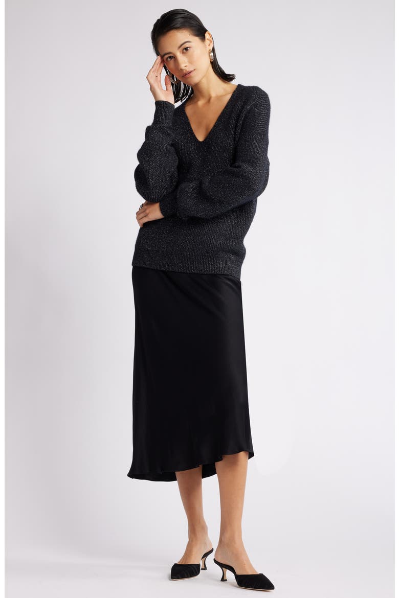 Metallic V-Neck Sweater, Alternate, color, BLACK- SILVER LUREX