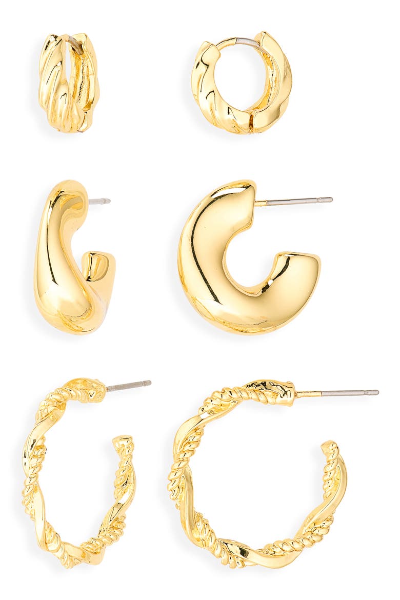 Demi-Fine Pack of 3 Assorted Hoop Earrings, Main, color, GOLD