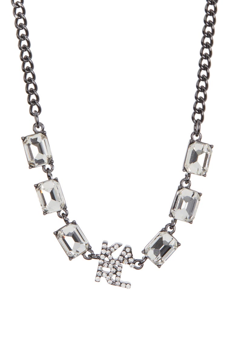KARL LAGERFELD PARIS Silver-Tone Crystal Logo Chain Necklace, Main, color, 