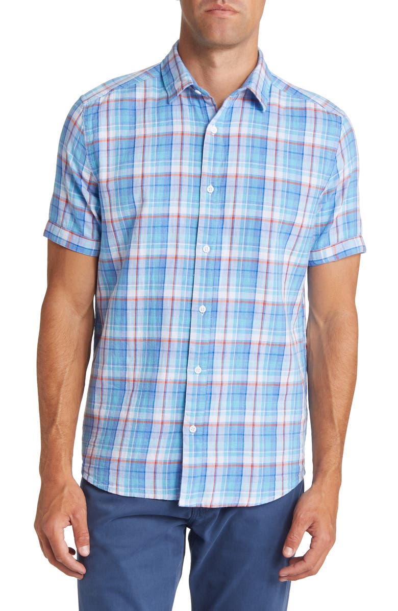 Johnston & Murphy Men's Reversible Short Sleeve Chambray Double Cloth Button-Up Shirt, Main, color, 