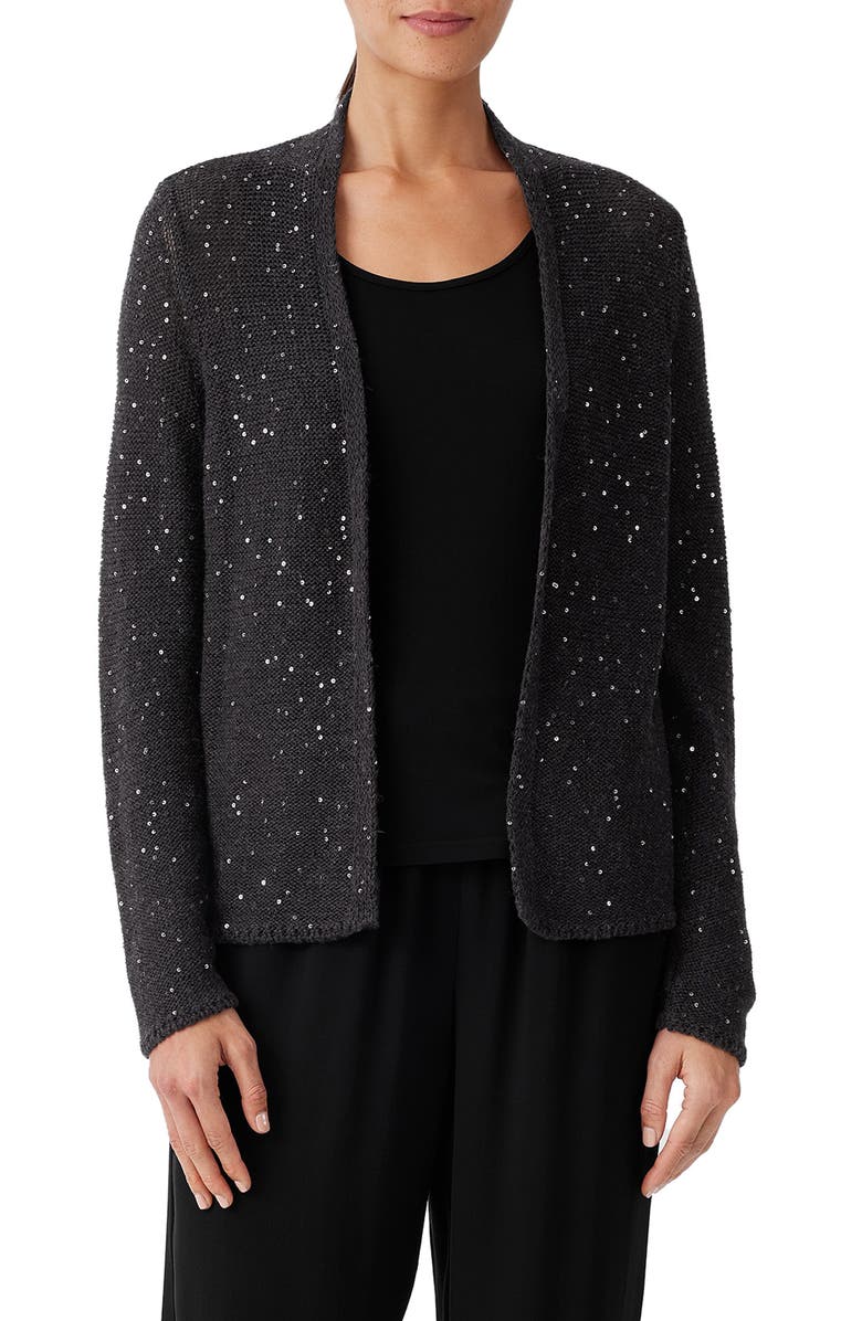 Eileen Fisher Sequin Open Front Merino Wool Cardigan, Main, color, 