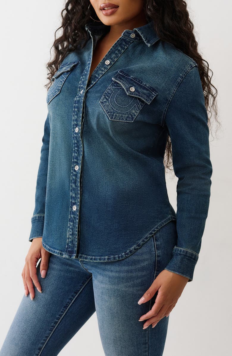 True Religion Georgia Glitter Denim Button-Up Shirt, Alternate, color, Medium Cozy Fireside Wash