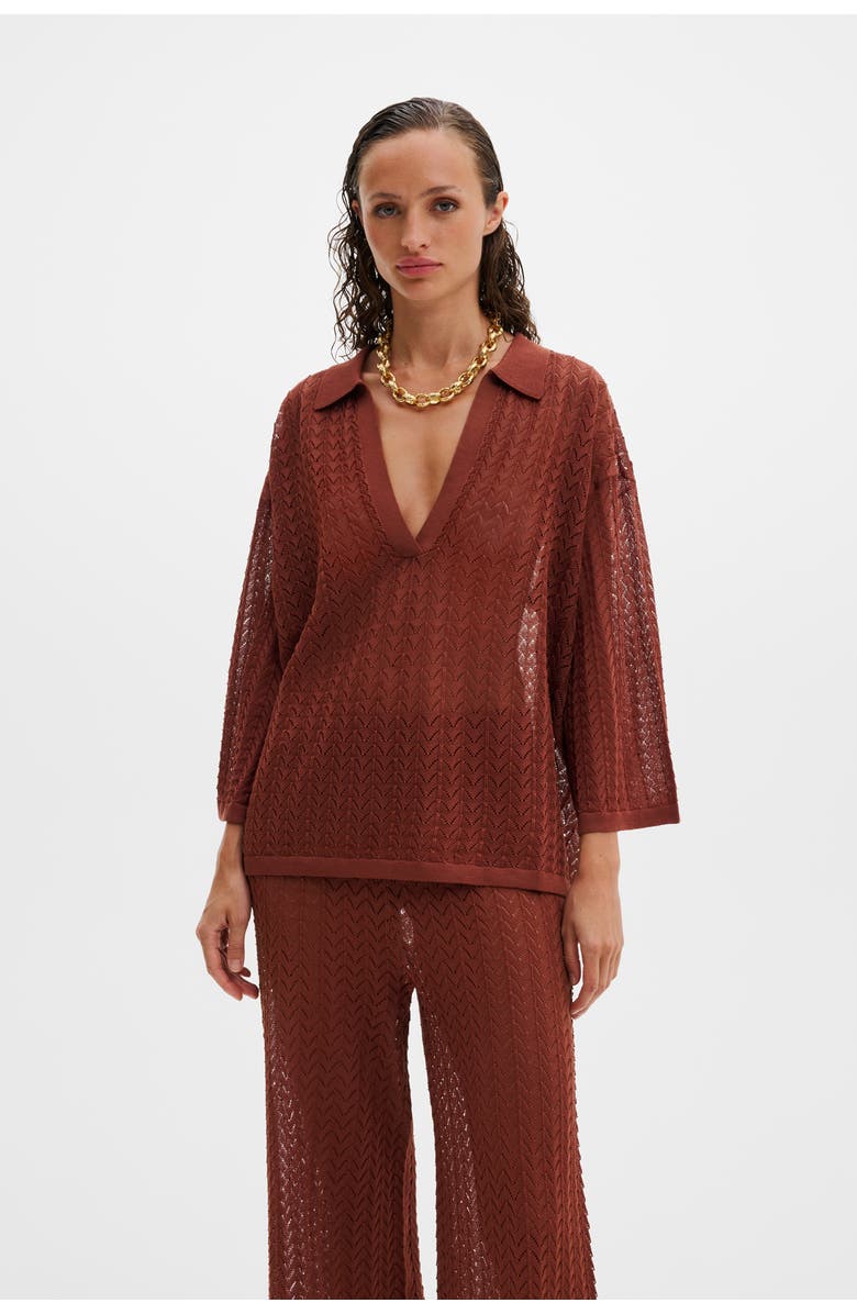 Malina Imene Pointelle Knitted Collared Top, Main, color, Rust