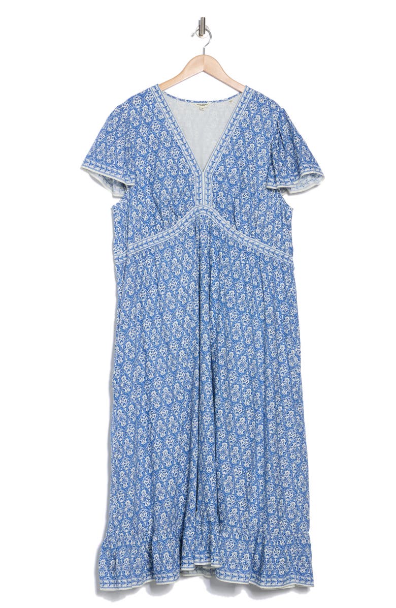 MAX STUDIO Flutter Sleeve V-Neck Dress, Alternate, color, Blue/ White Rosette Tapestry