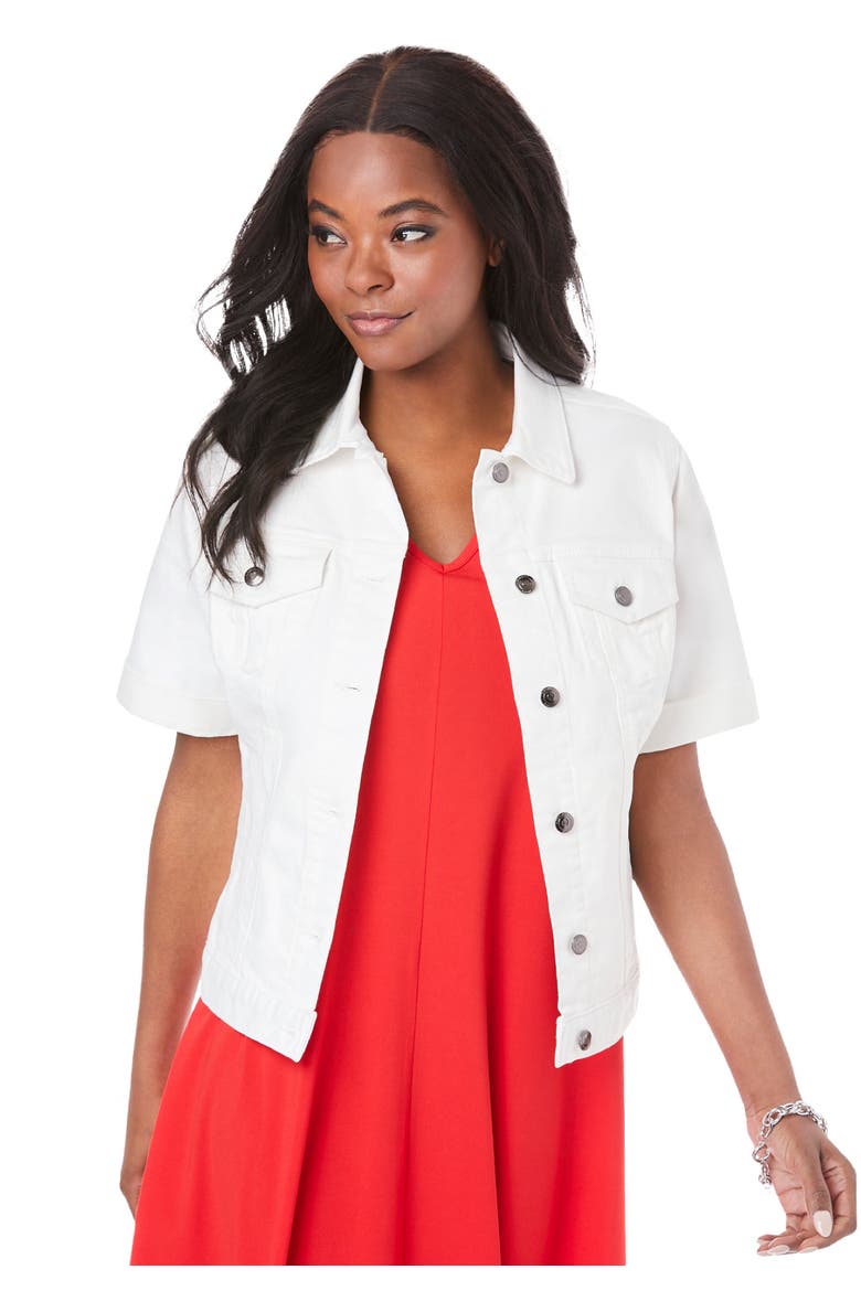 Plus Size Short Sleeve Stretch Denim Jacket, Main, color, WHITE