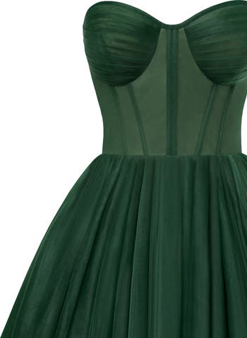 Emerald Green Strapless Puffy Midi Tulle Dress