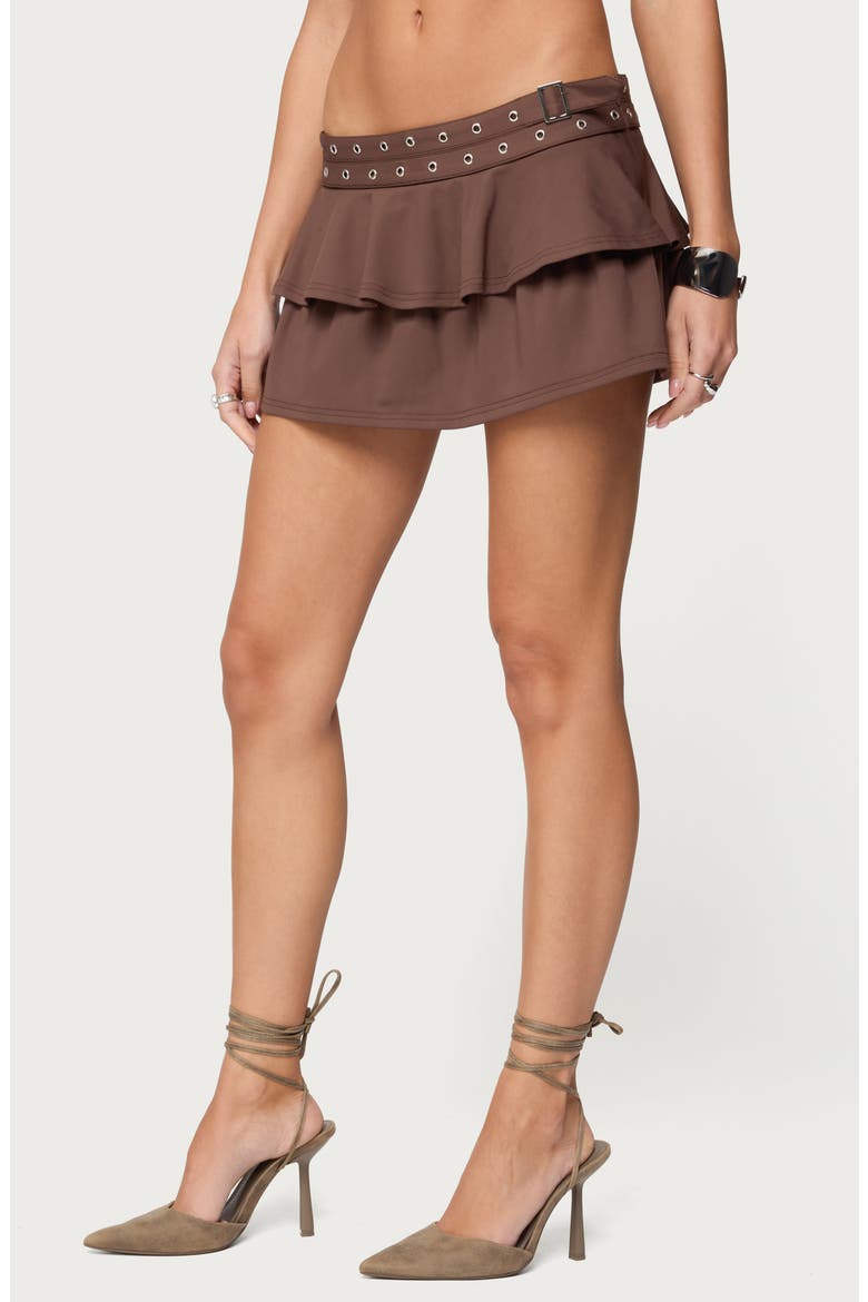 Hailie Belted Grommet Ruffle Miniskirt, Alternate, color, BROWN