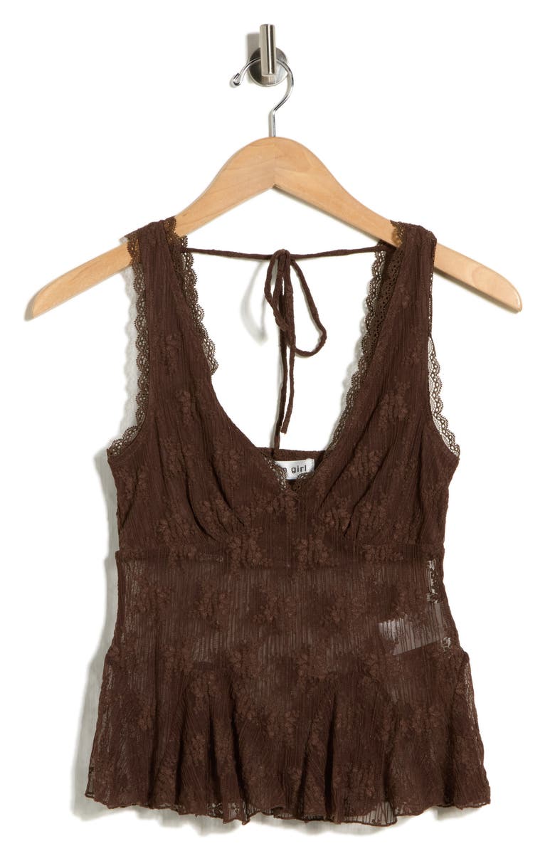Madden Girl V-Neck Lace Trim Flare Tank, Main, color, Chestnut Brown