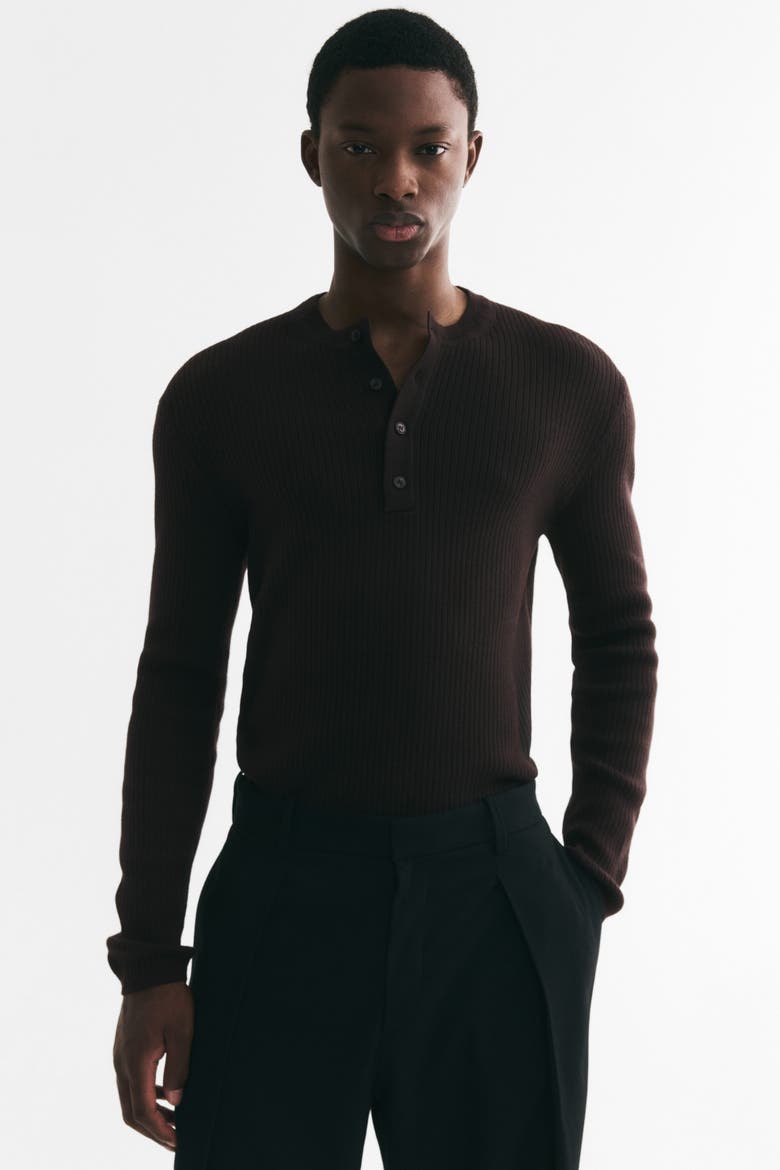 Slim-fit Ribbed Henley Shirt, Main, color, Dark brown