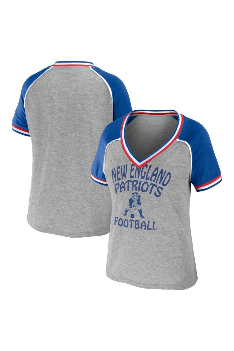Women's WEAR by Erin Andrews Heather Gray New England Patriots Cropped Raglan Throwback V-Neck T-Shirt, Main, color, Heather Gray