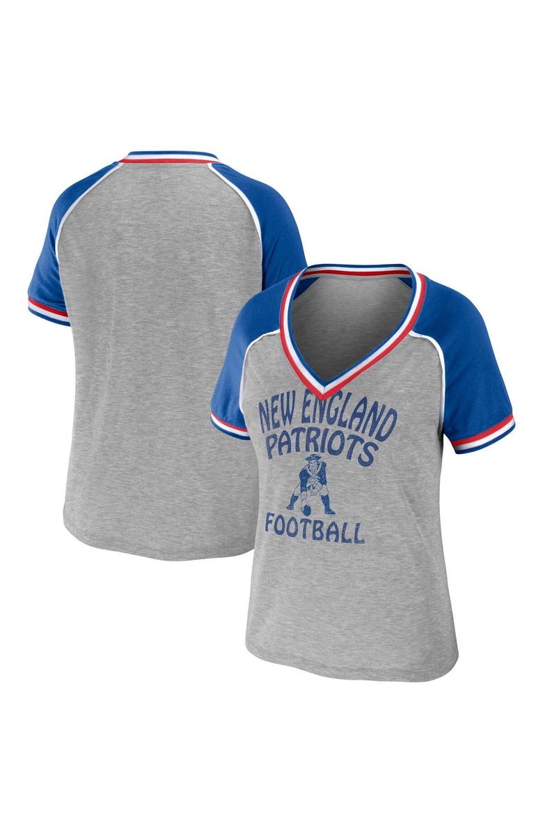 WEAR by Erin Andrews Women's WEAR by Erin Andrews Heather Gray New England Patriots Cropped Raglan Throwback V-Neck T-Shirt, Main, color, 