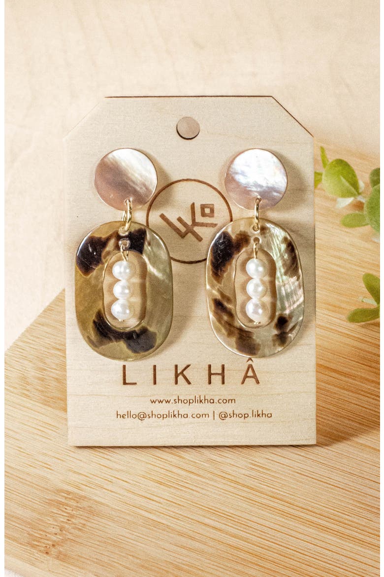 Mother-of-Pearl Oval Dangle Earrings with Inner Pearls, Alternate, color, Brown