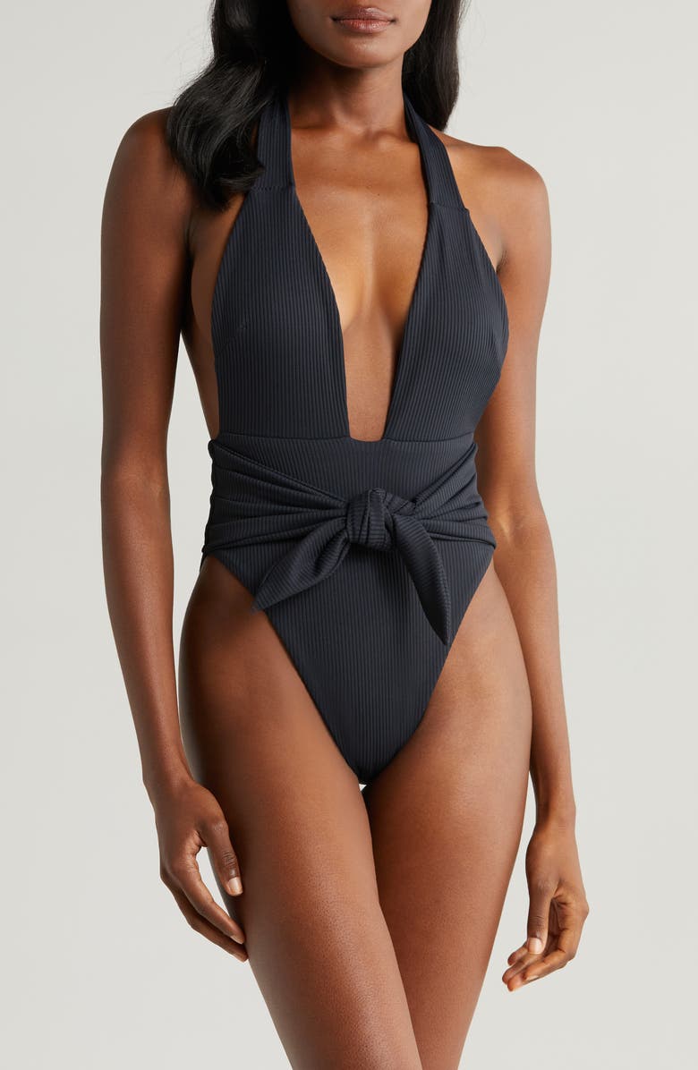MONTCE Tropez Tie Waist Halter One-Piece Swimsuit, Main, color, Black Rib