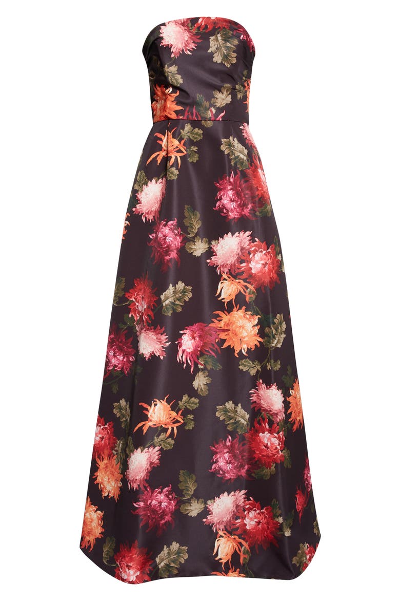 Chrysanthemum Print Strapless Faille Gown, Alternate, color, BLACK MULTI
