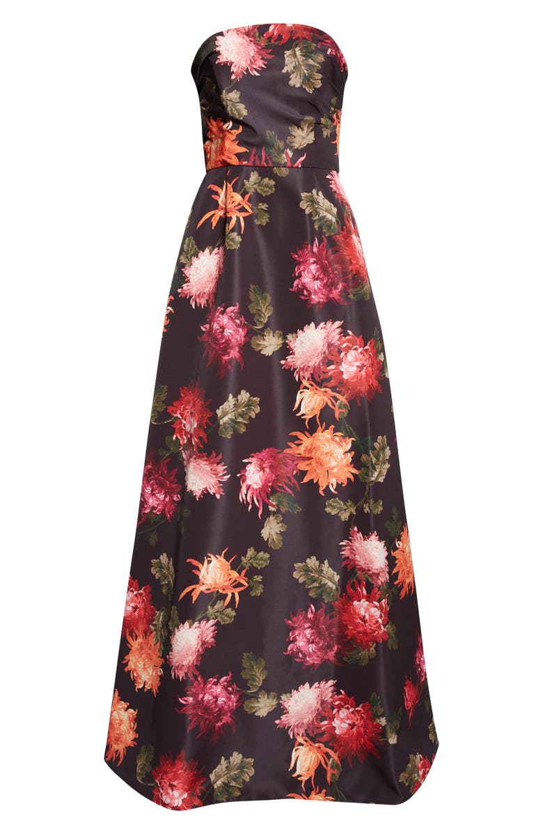 Carolina Herrera Chrysanthemum Print Strapless Faille Gown, Alternate, color, Black Multi