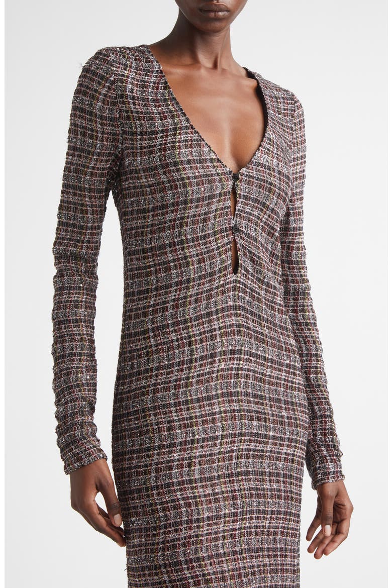 Long Sleeve Sequin Check Wool Blend Dress, Alternate, color, PINK AND BROWN TONES