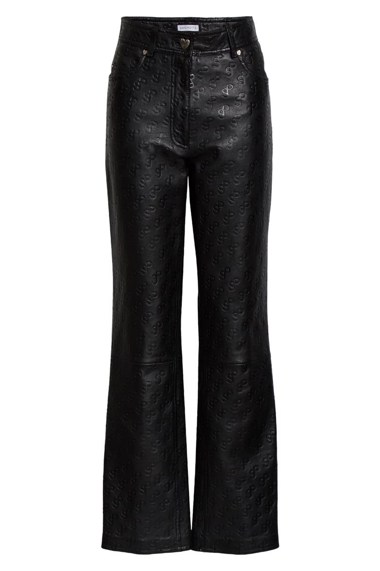 Rosita Monogram Leather Pants, Alternate, color, BLACK