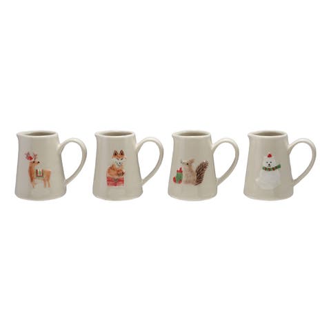 Embossed Stoneware Holiday Animal Creamer Set, Hand-Painted