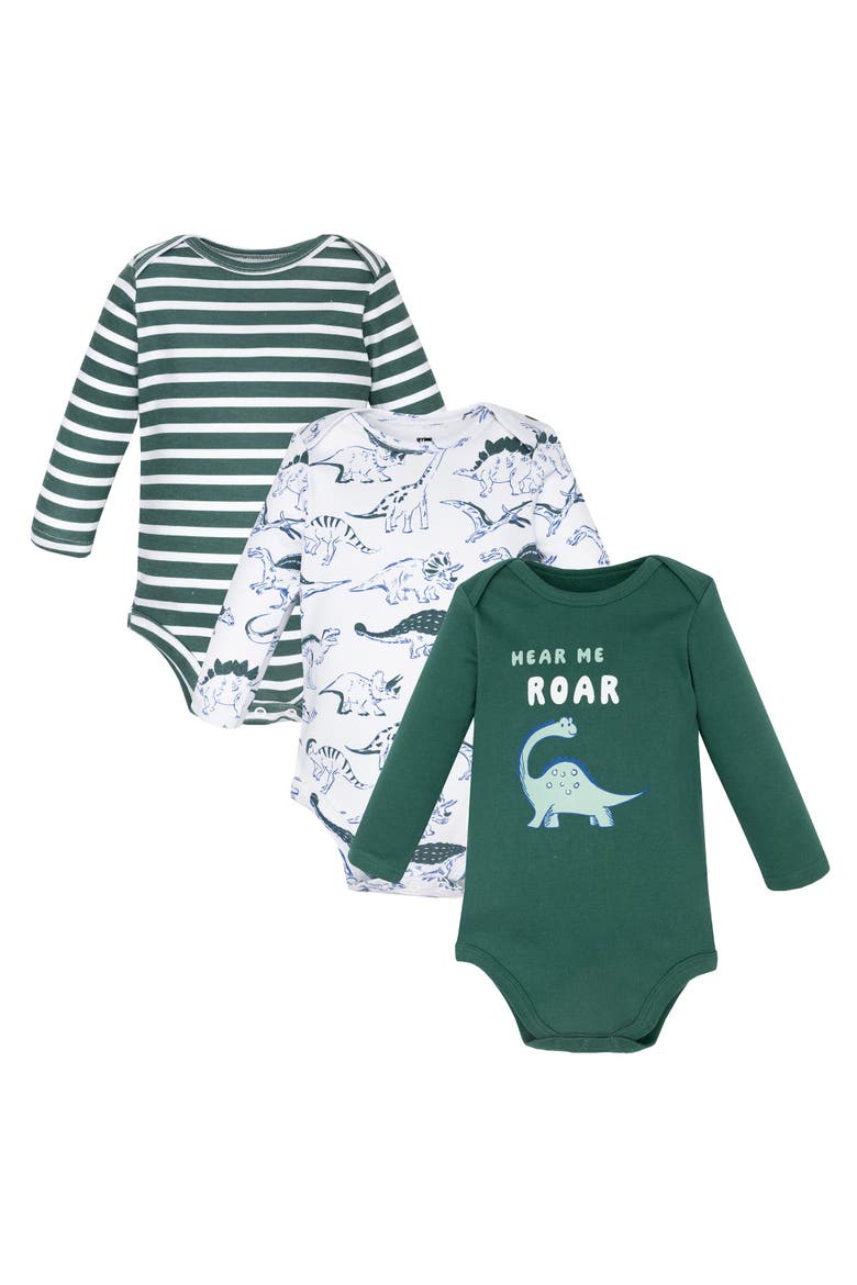Cotton Long-sleeve Bodysuit Three-piece Set, Main, color, Hear Me Roar Dino