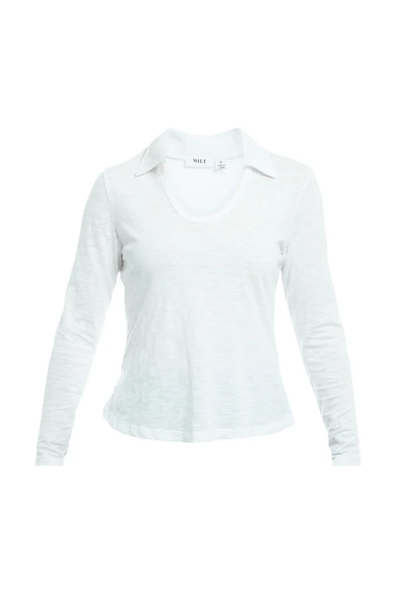 Scoop Neck Long Sleeve Polo Tee with Round Hem, Alternate, color, White