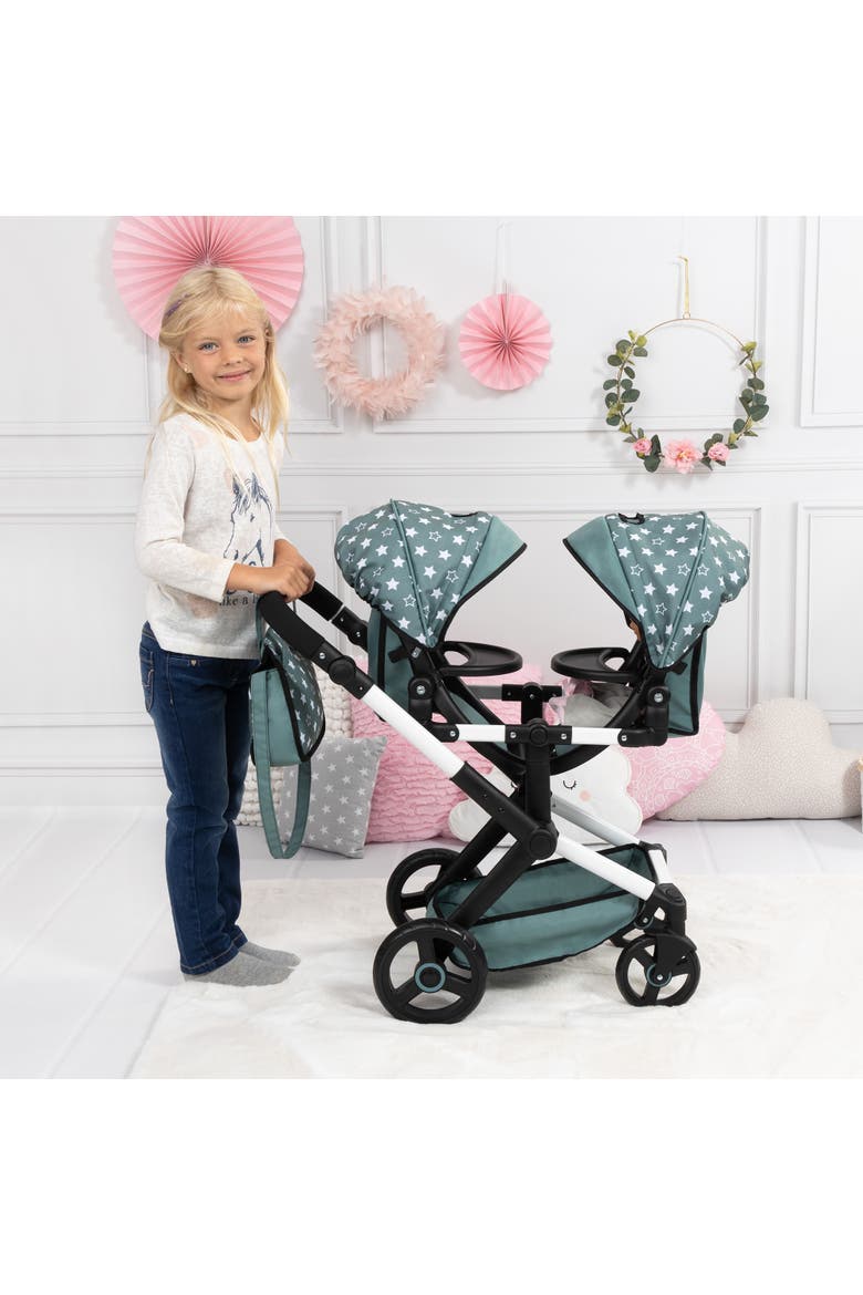 Pram Xeo Twin, Green & White Stars, Seats 2 Dolls Up to 18 Inch, Alternate, color, Multicolored