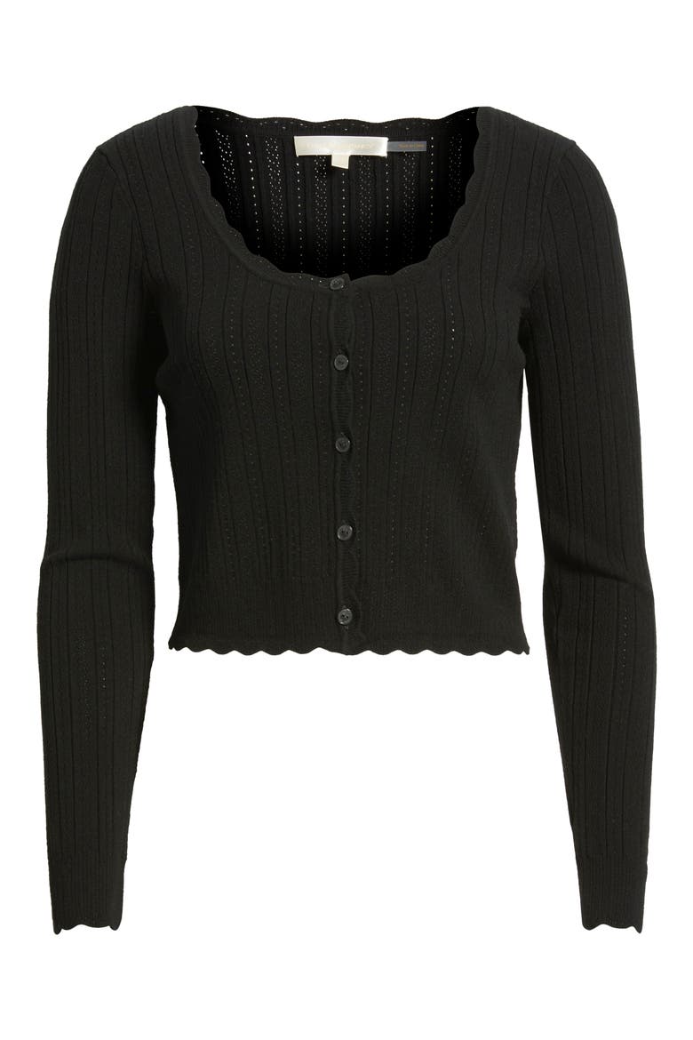 Martti Scallop Trim Crop Pointelle Cardigan, Alternate, color, BLACK