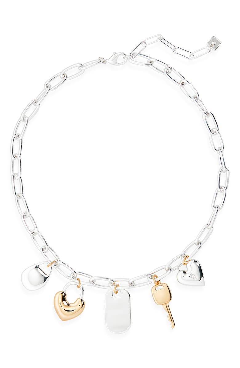 Open Edit Heart Lock Charm Necklace, Main, color, Silver- Gold