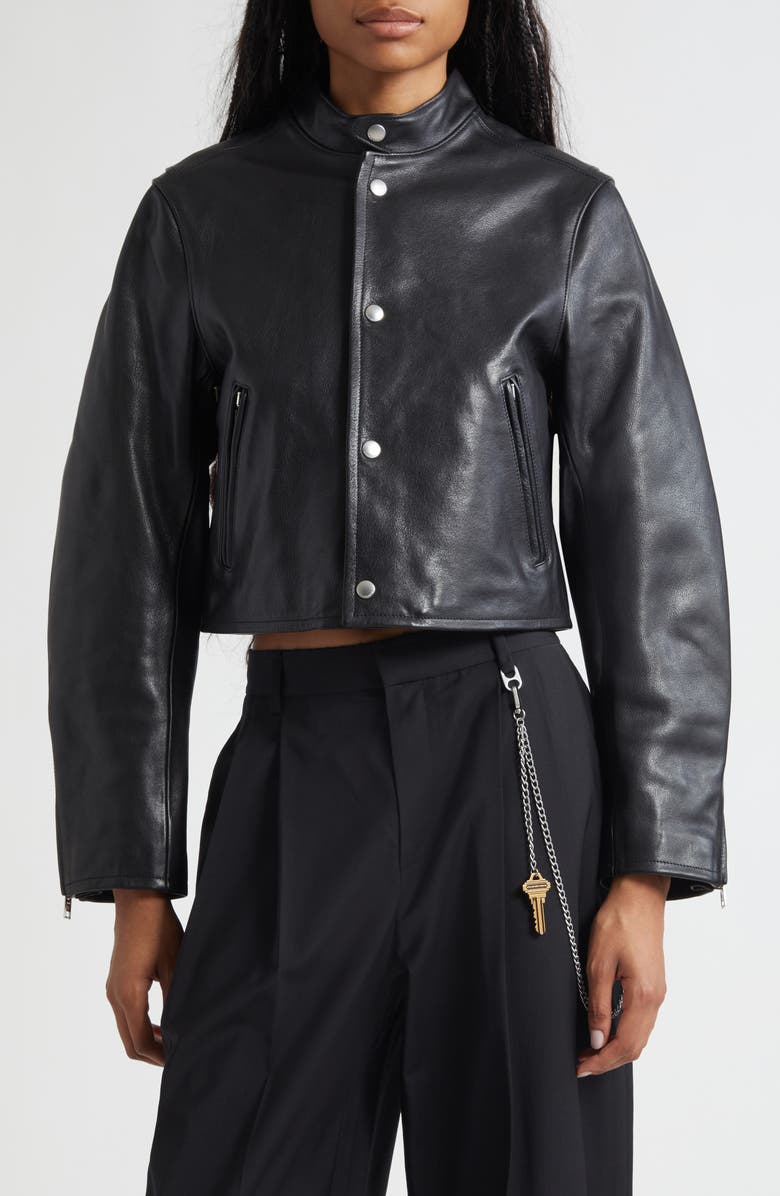 Alexander Wang Curved Sleeve Leather Crop Moto Jacket, Main, color, Black