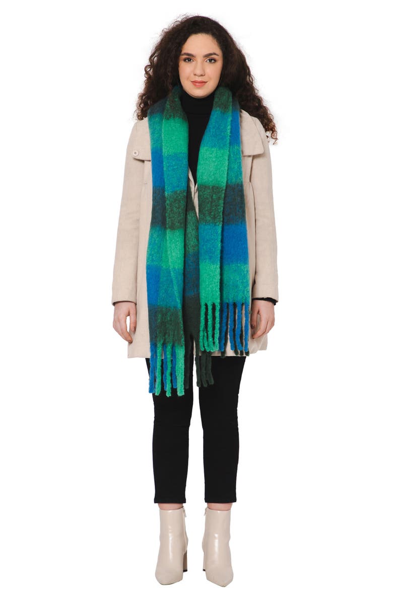 Vismaya Buffalo Check Wool Blend Fringe Scarf, Alternate, color, Blue Green