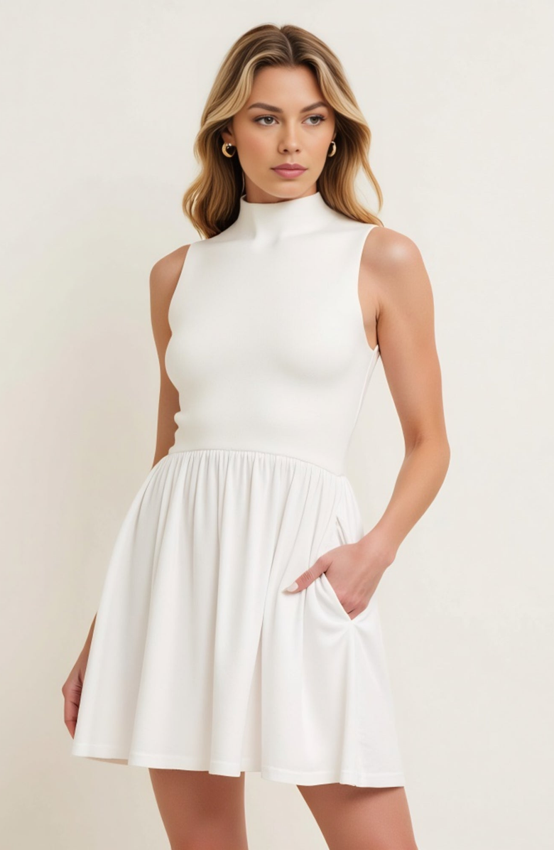 Modenaire Mock Neck Sleeveless Mini Dress with Gathered Skirt and Pockets, Alternate, color, White