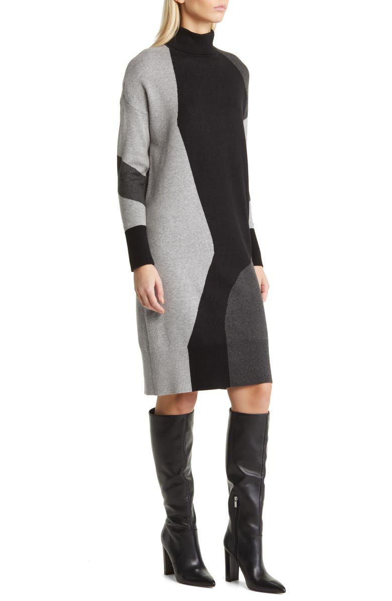Anne Klein Colorblock Turtleneck Sweater Dress, Alternate, color, 