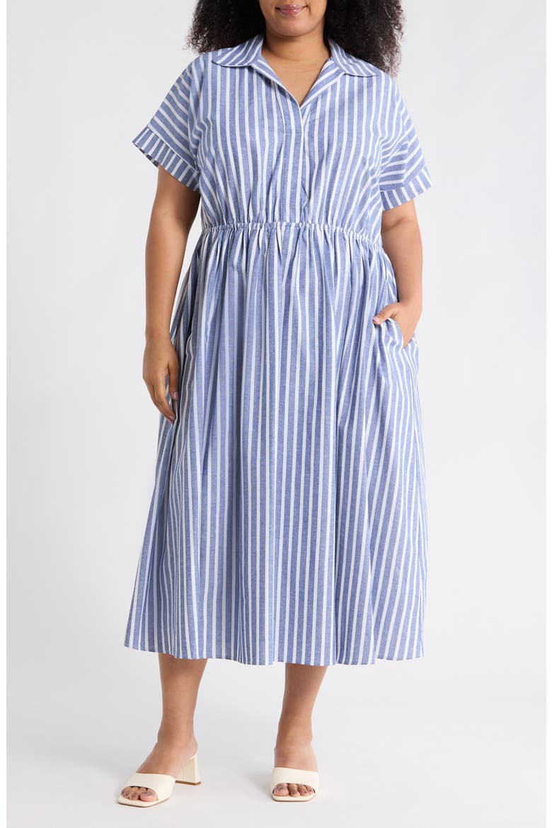 Stripe Short Sleeve Cotton & Linen Midi Dress, Main, color, FRENCH BLUE