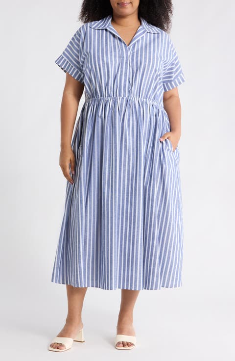 Stripe Short Sleeve Cotton & Linen Midi Dress (Plus)