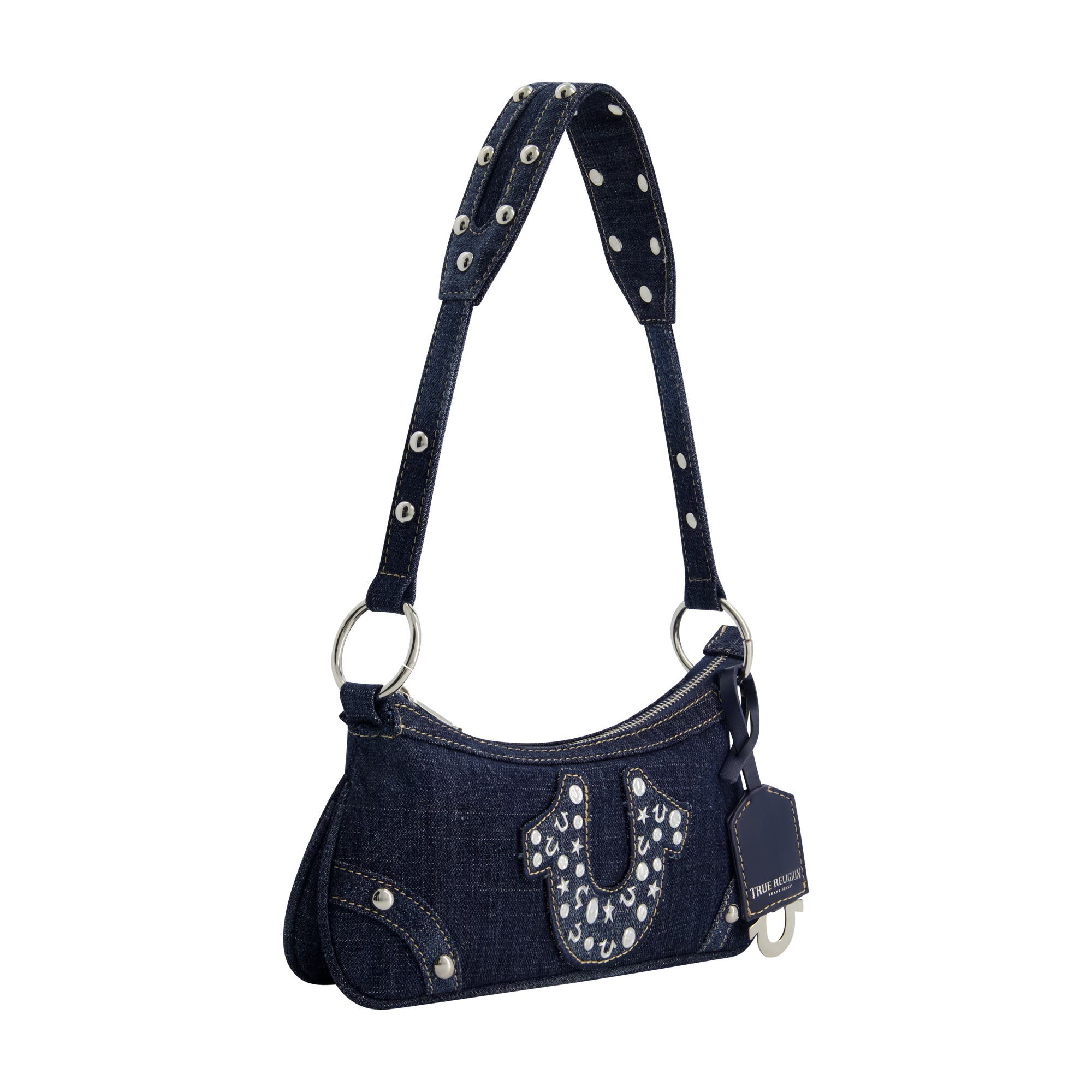 True Religion Studded Horseshoe Denim shoulder bag, Alternate, color, Denim