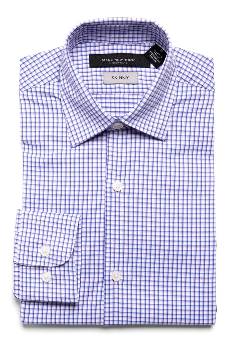 Kids' Skinny Fit Windowpane Check Stretch Button-Up Shirt, Main, color, WHITE/ PURPLE