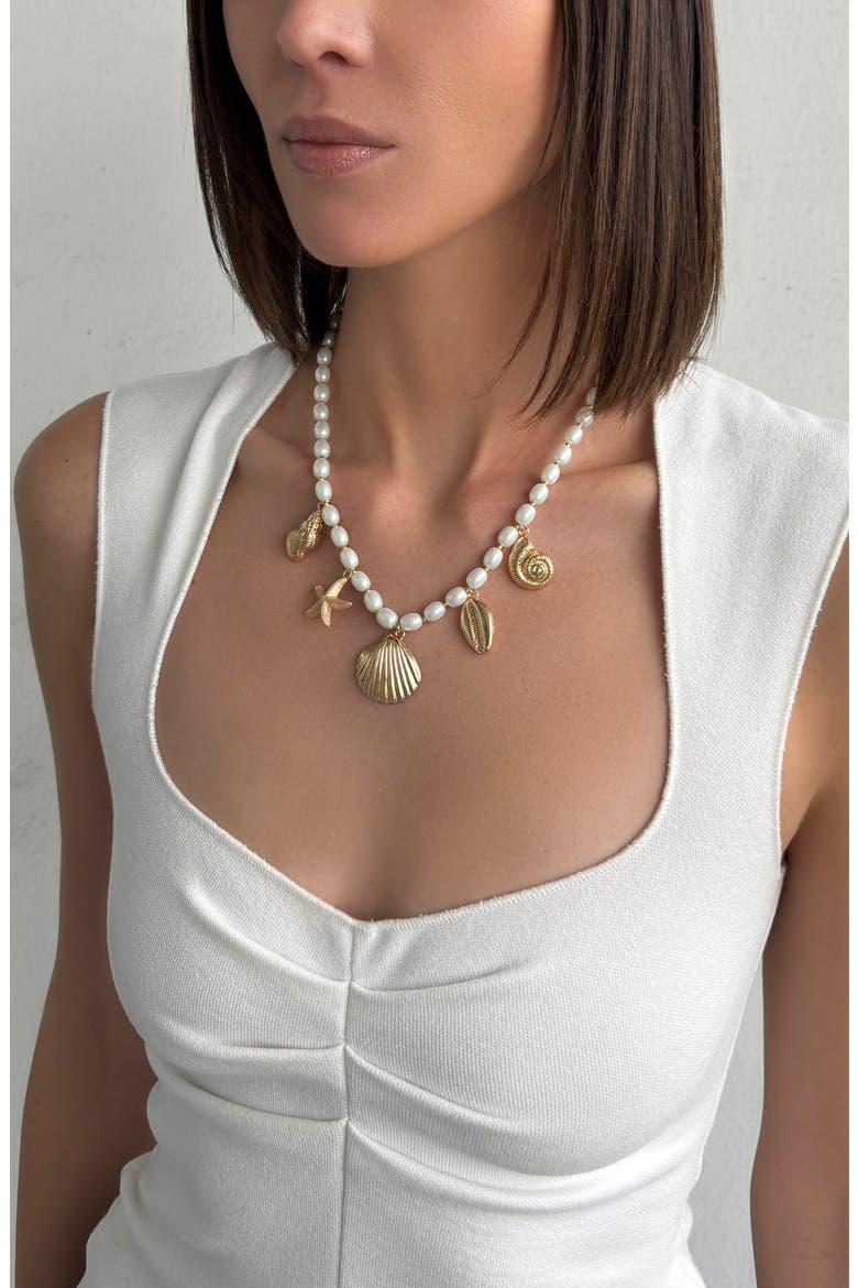 Shell Charm Faux Pearl Necklace, Alternate, color, GOLD/ WHITE