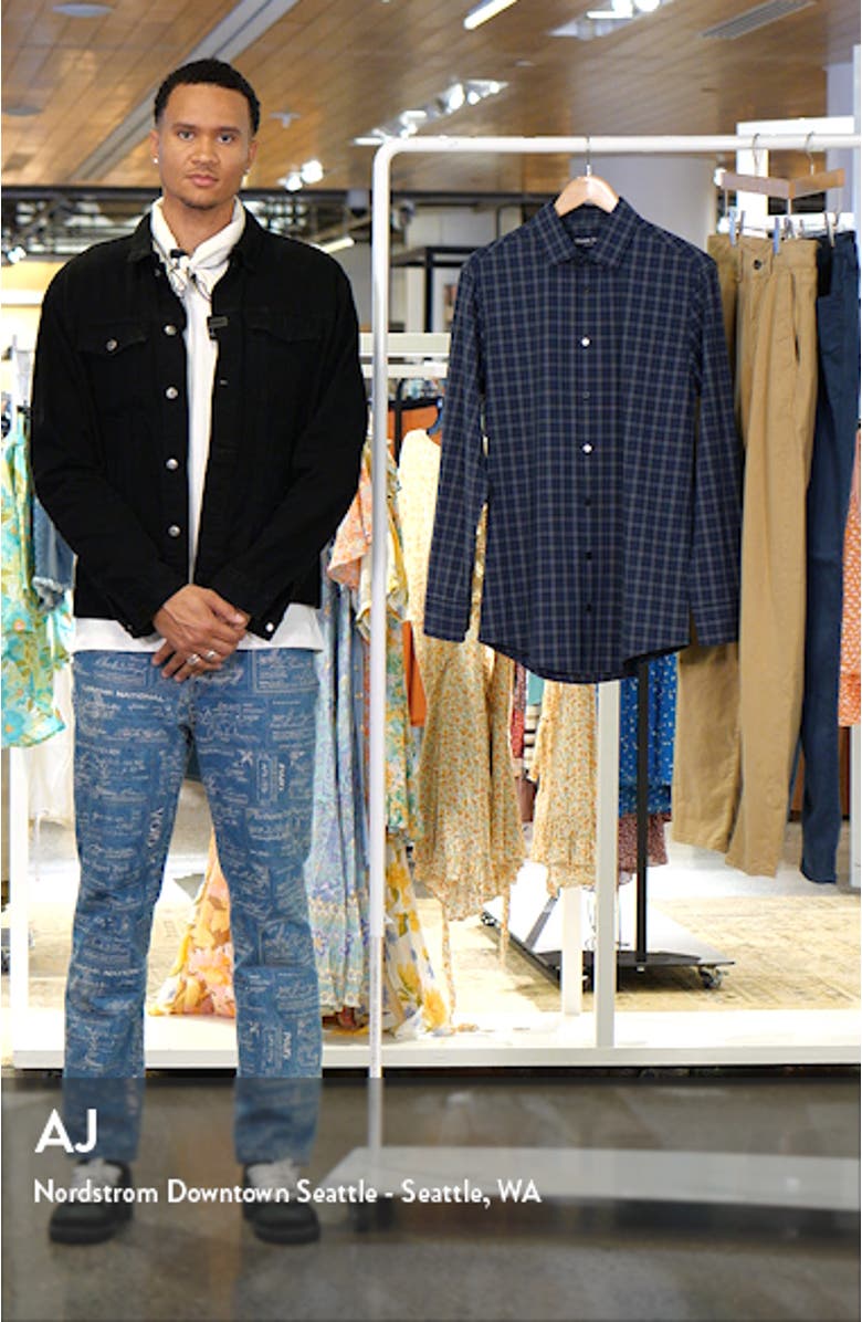 Leeward Navy Dallas Plaid No-Tuck Stretch Performance Button-Up Shirt, sales video thumbnail