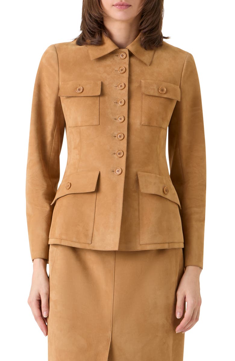 Akris Delia Fitted Goatskin Suede Jacket, Main, color, Camel