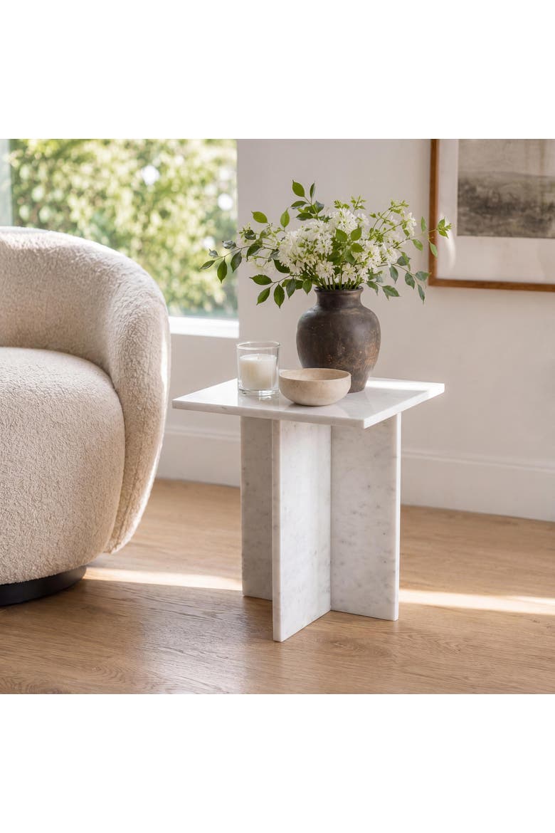 Cecil Modern Square Marble End Table with Cross Base, Solid Stone Accent Side Table for Living Room, Alternate, color, White