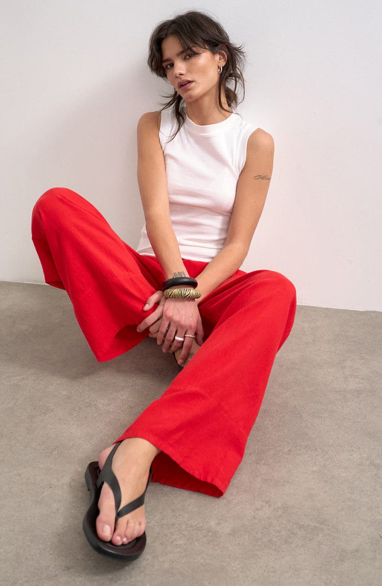 Topshop Linen Blend Straight Leg Pants, Alternate, color, Red