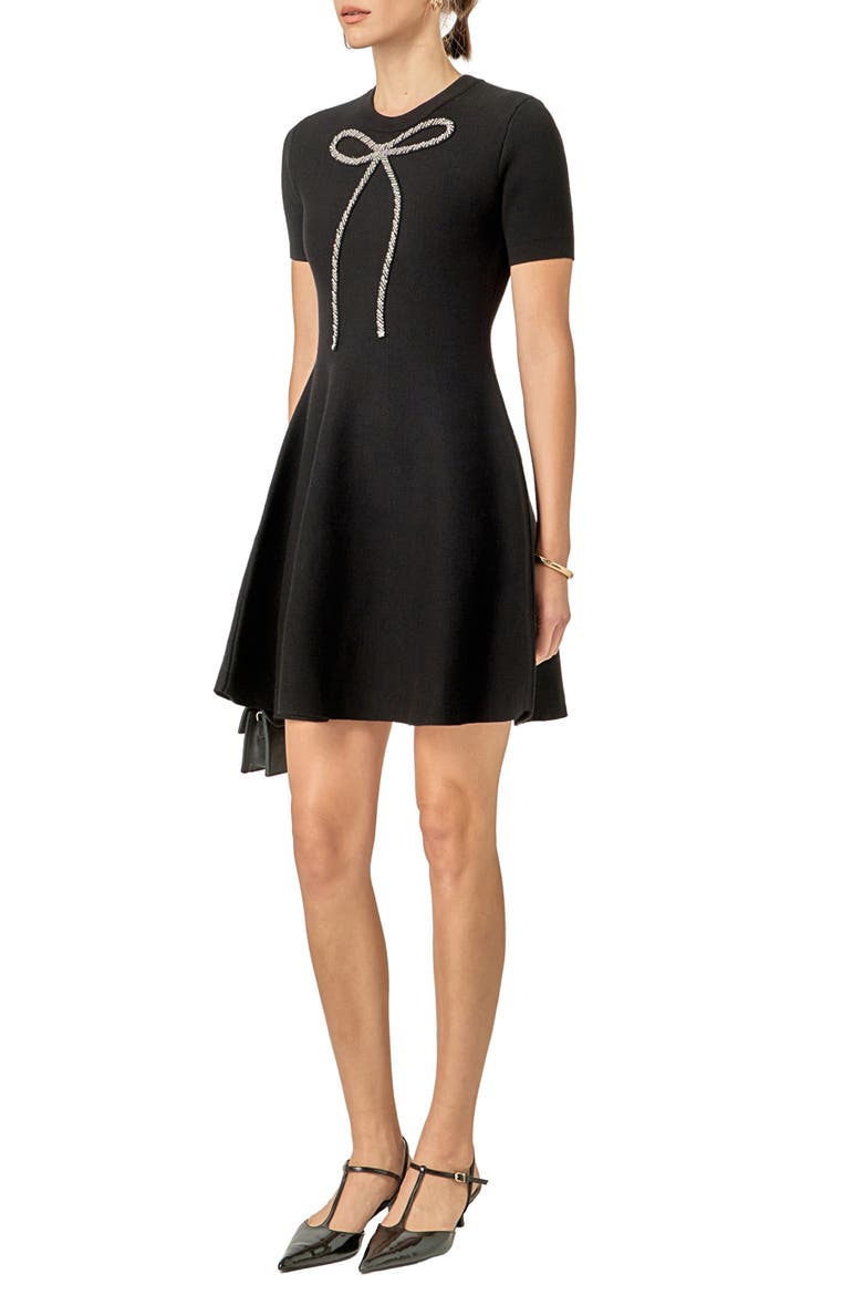 Rhinestone Bow Fit & Flare Knit Dress, Alternate, color, BLACK