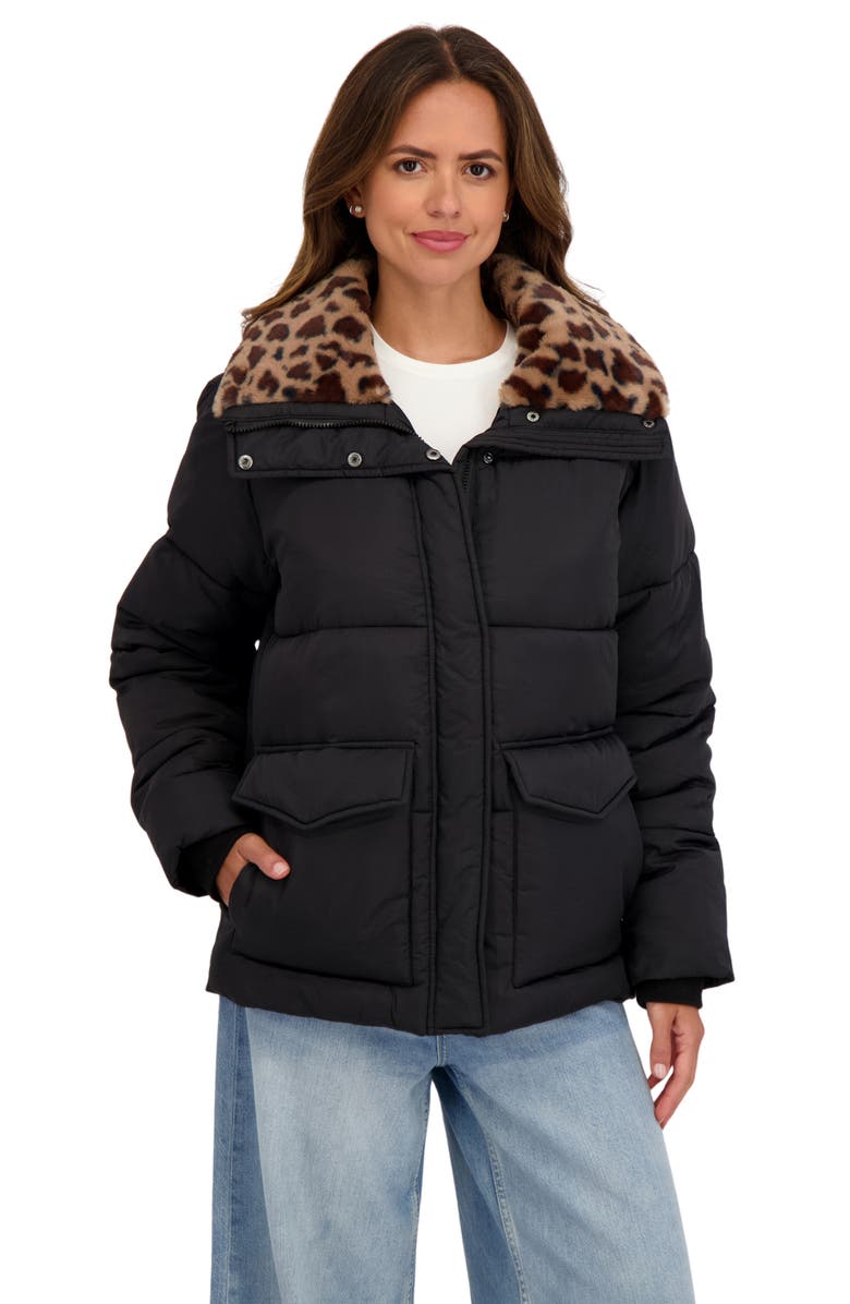 Sebby Water Resistant Faux Fur Collar Puffer Jacket, Alternate, color, Black