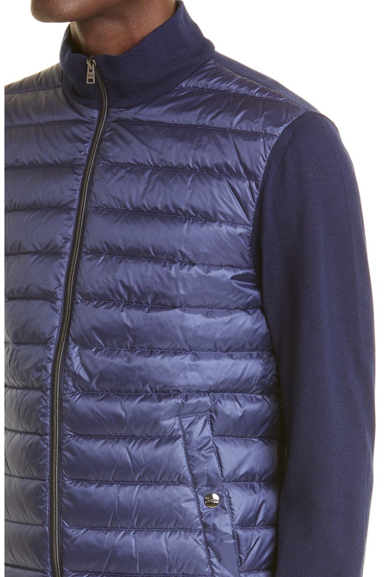 Quilted Down Front Wool & Silk Cardigan, Alternate, color, BLU NAVY