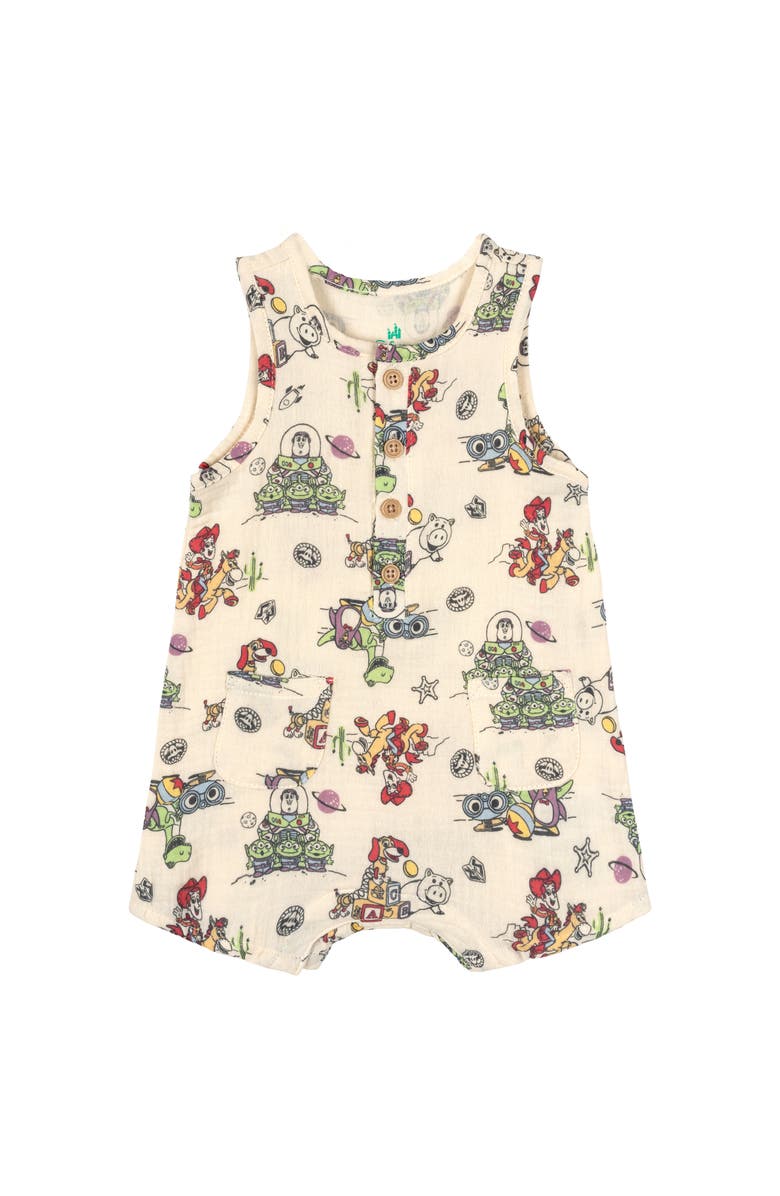 DISNEY PIXAR Toy Story Cotton Gauze Sleeveless Shorty Romper, Main, color, Beige Toy Story